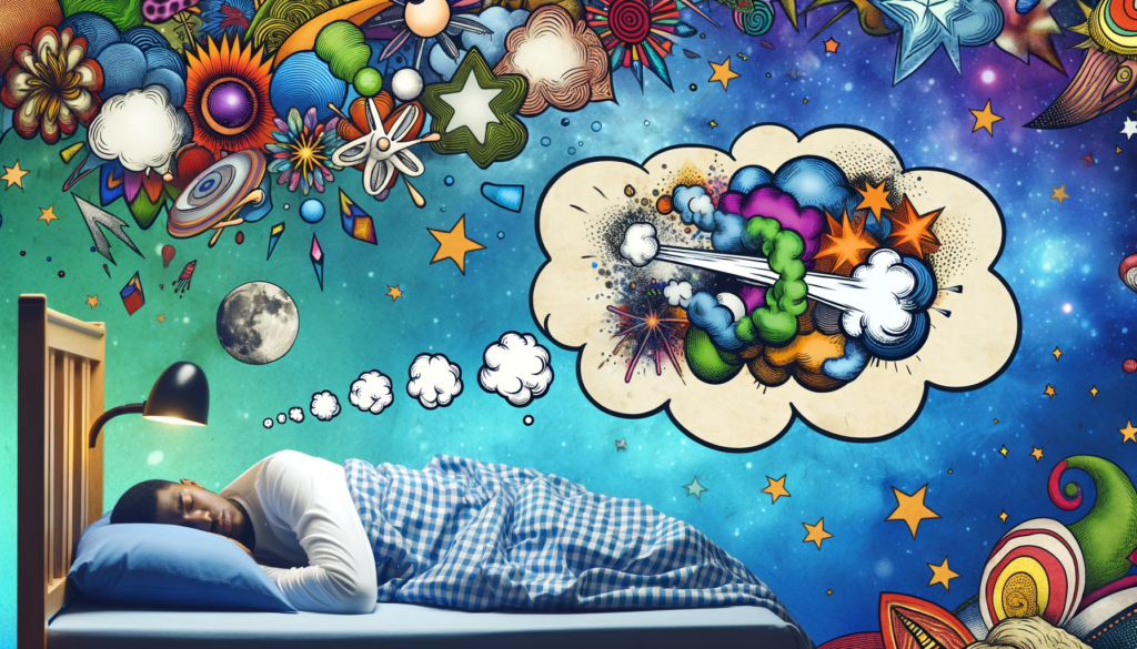DALL·E 2024-01-09 15.28.32 - A whimsical, surreal dreamscape, showing a person asleep in a bed with cartoon-like, exaggerated dream bubbles. Inside the dream bubble, depict a humo