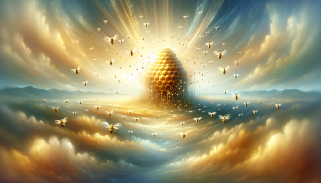 DALL·E 2024-01-10 10.32.42 - A dreamlike, ethereal landscape with a heavenly glow, symbolizing peace and spirituality. In the center, a large, golden beehive surrounded by numerou